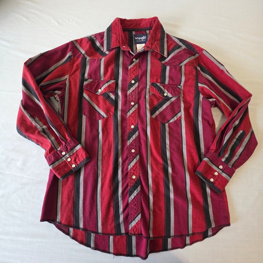 Wrangler Western Snap Shirt Striped Long Sleeve 16.5 x 34 Red Black Cowboy Rodeo